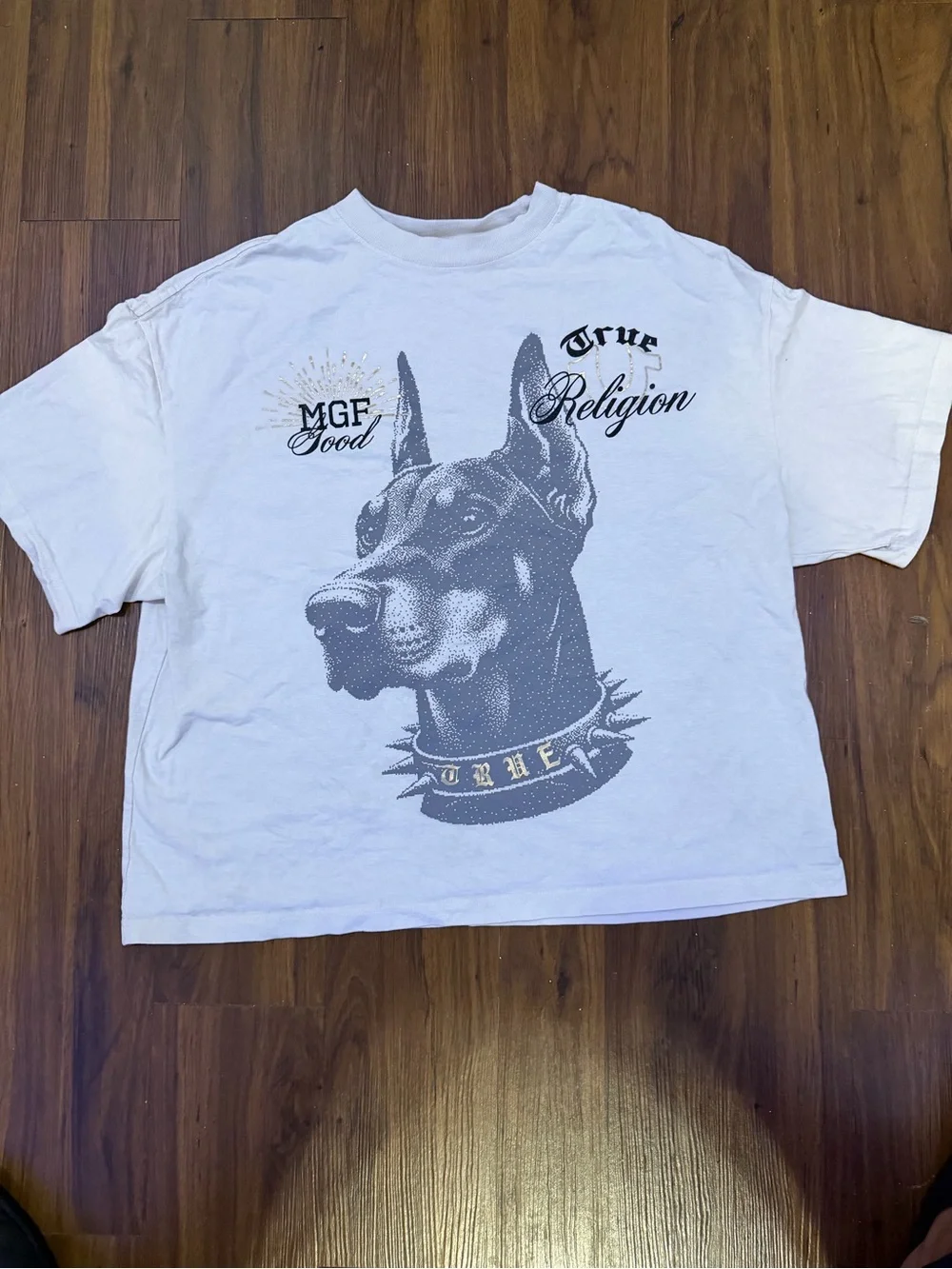 True Religion White Dog Graphic Tee with Doberman Print